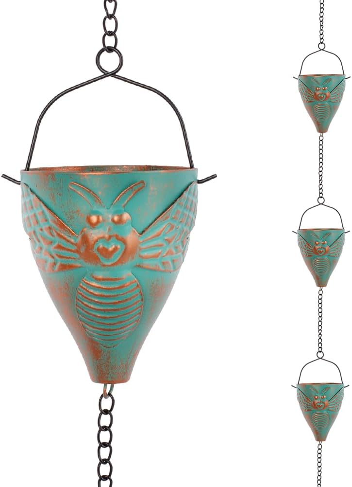 Bee-Shaped Rain Chain – 10.66 Feet Long with 10 Bee Design Cups, Garden and Outdoor Rainwater Collection System