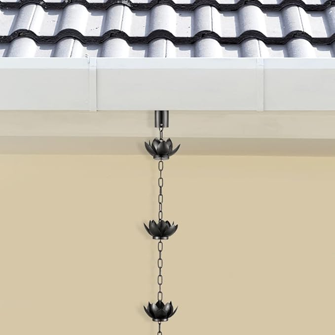 Black Lotus Rain Chain – 8.5 Feet Long with 12 Lotus Cups, Garden and Outdoor Decoration, Rainwater Collection System