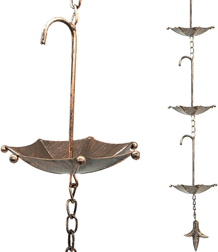 Classic Umbrella Rain Chain – 10.6 Feet Long with 8 Cups, Copper Garden Decoration for Rainwater Collection