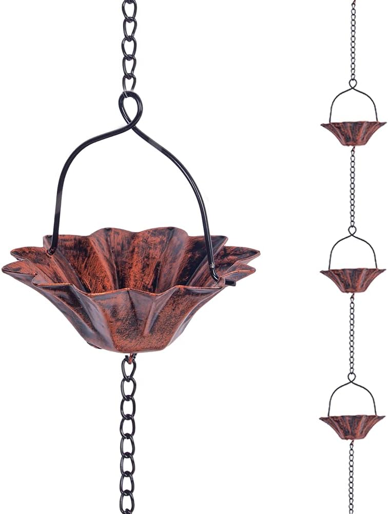 Lotus-Shaped Copper Rain Chain – 10.27 Feet Long with 12 Cups, Garden and Outdoor Decoration, Rainwater Collection System