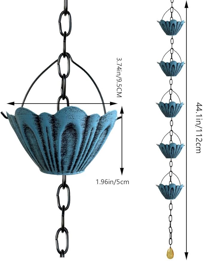 Classic Blue Petal Shaped Rain Chain – 10.5 Feet Long with 6 Cups, Copper Garden Decoration for Rainwater Collection