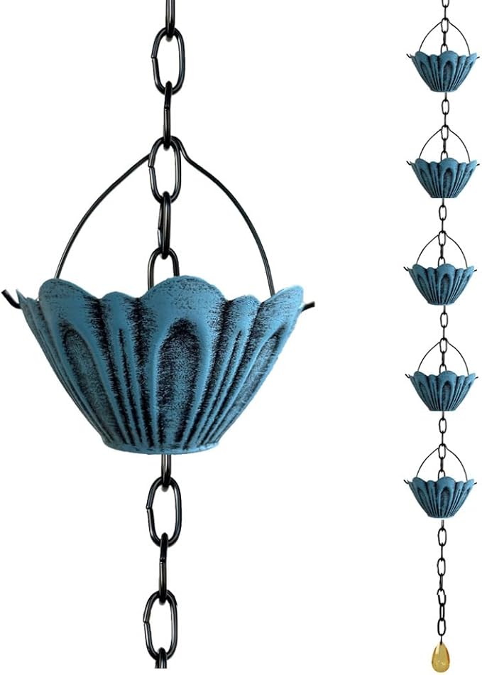 Classic Blue Petal Shaped Rain Chain – 10.5 Feet Long with 6 Cups, Copper Garden Decoration for Rainwater Collection