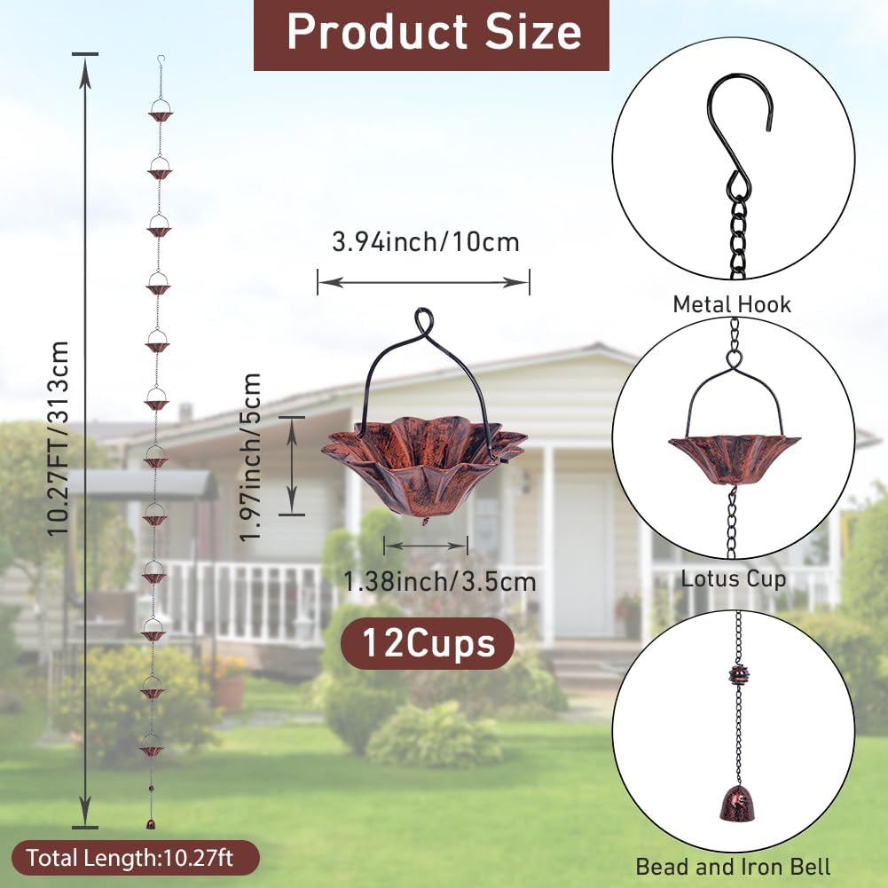 Lotus-Shaped Copper Rain Chain – 10.27 Feet Long with 12 Cups, Garden and Outdoor Decoration, Rainwater Collection System