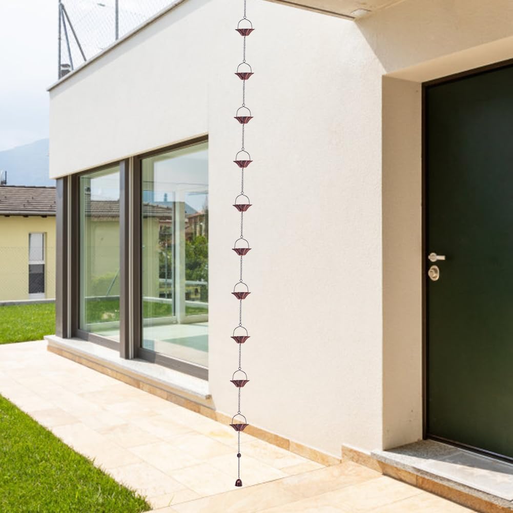 Lotus-Shaped Copper Rain Chain – 10.27 Feet Long with 12 Cups, Garden and Outdoor Decoration, Rainwater Collection System