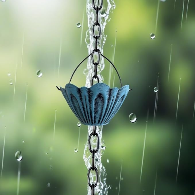 Classic Blue Petal Shaped Rain Chain – 10.5 Feet Long with 6 Cups, Copper Garden Decoration for Rainwater Collection