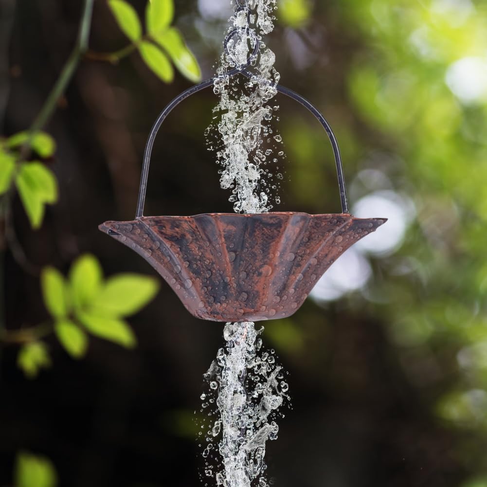 Lotus-Shaped Copper Rain Chain – 10.27 Feet Long with 12 Cups, Garden and Outdoor Decoration, Rainwater Collection System