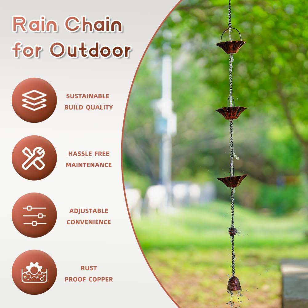 Lotus-Shaped Copper Rain Chain – 10.27 Feet Long with 12 Cups, Garden and Outdoor Decoration, Rainwater Collection System