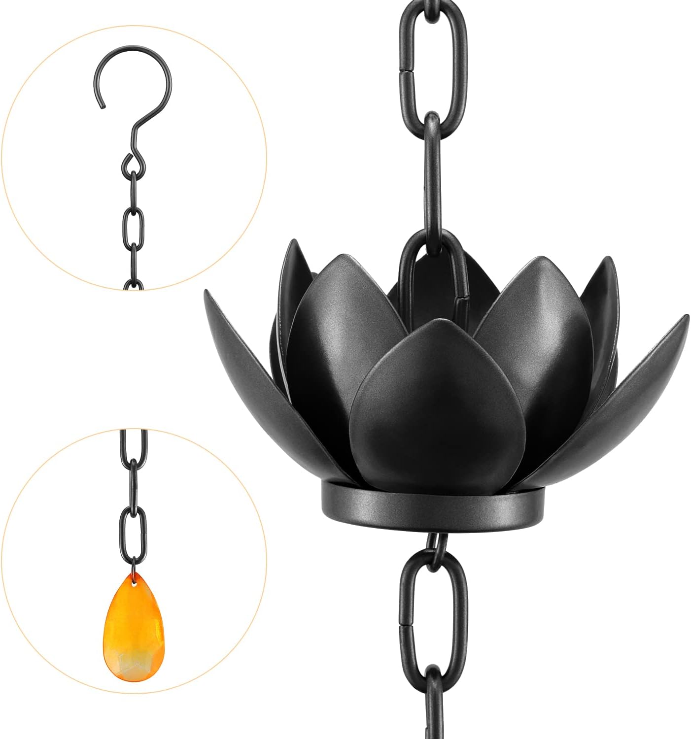 Black Lotus Rain Chain – 8.5 Feet Long with 12 Lotus Cups, Garden and Outdoor Decoration, Rainwater Collection System
