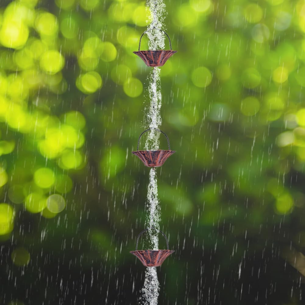 Lotus-Shaped Copper Rain Chain – 10.27 Feet Long with 12 Cups, Garden and Outdoor Decoration, Rainwater Collection System