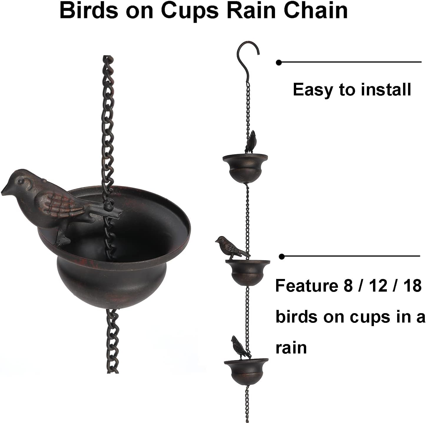 Bird-shaped Rain Chain Decoration - 8 Bird Nests, Durable Metal Design, Perfect for Gardens and Outdoors, 8.5 Feet Long