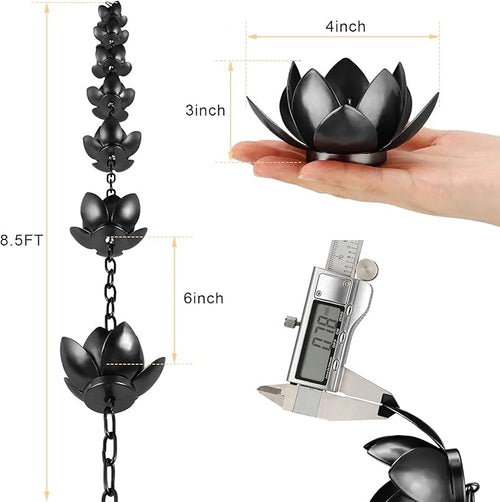 Black Lotus Rain Chain – 8.5 Feet Long with 12 Lotus Cups, Garden and Outdoor Decoration, Rainwater Collection System