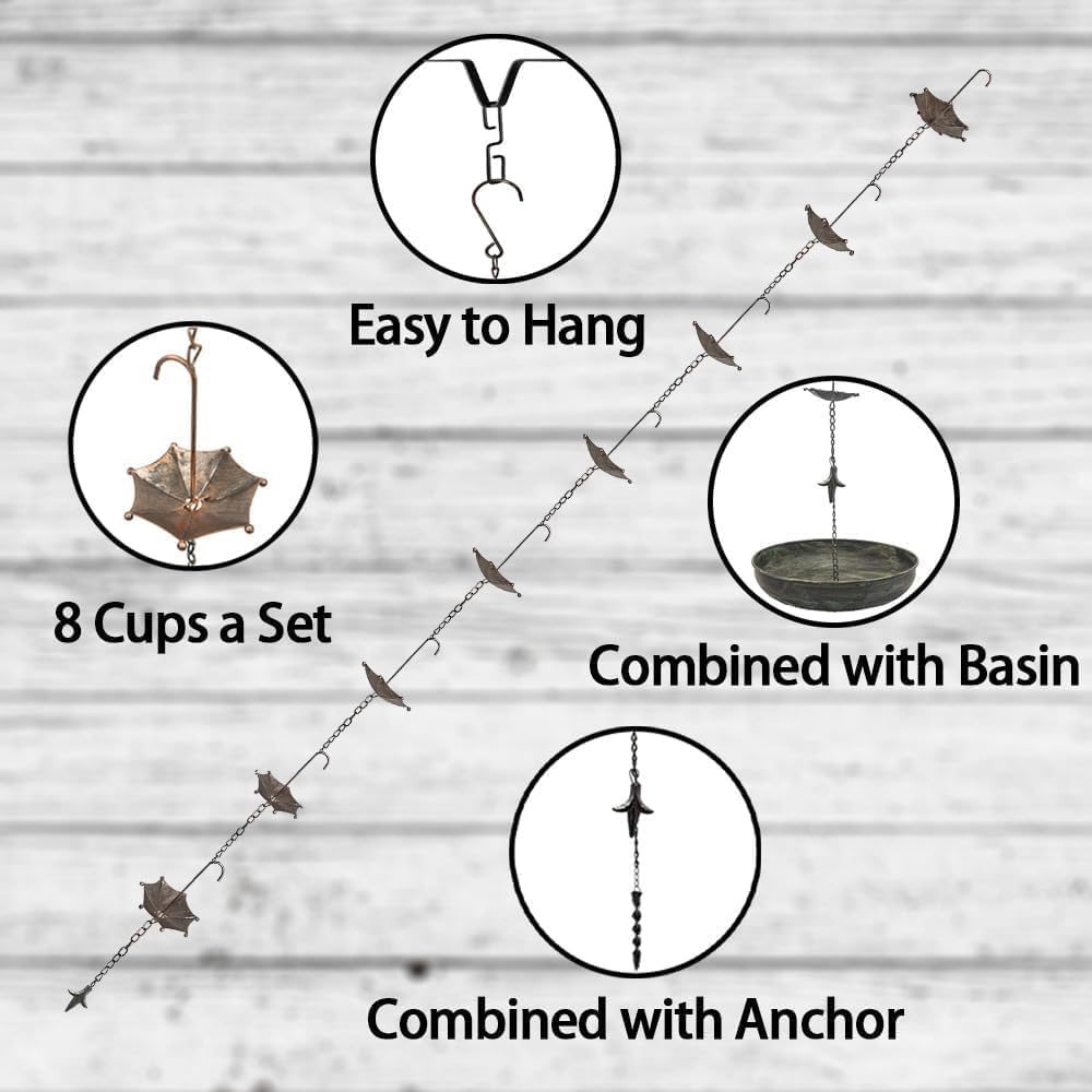 Classic Umbrella Rain Chain – 10.6 Feet Long with 8 Cups, Copper Garden Decoration for Rainwater Collection