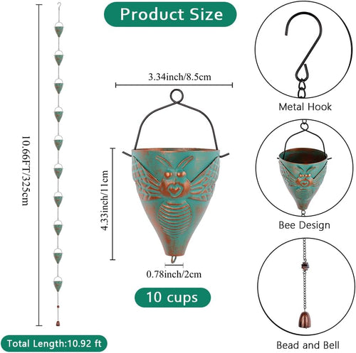 Bee-Shaped Rain Chain – 10.66 Feet Long with 10 Bee Design Cups, Garden and Outdoor Rainwater Collection System