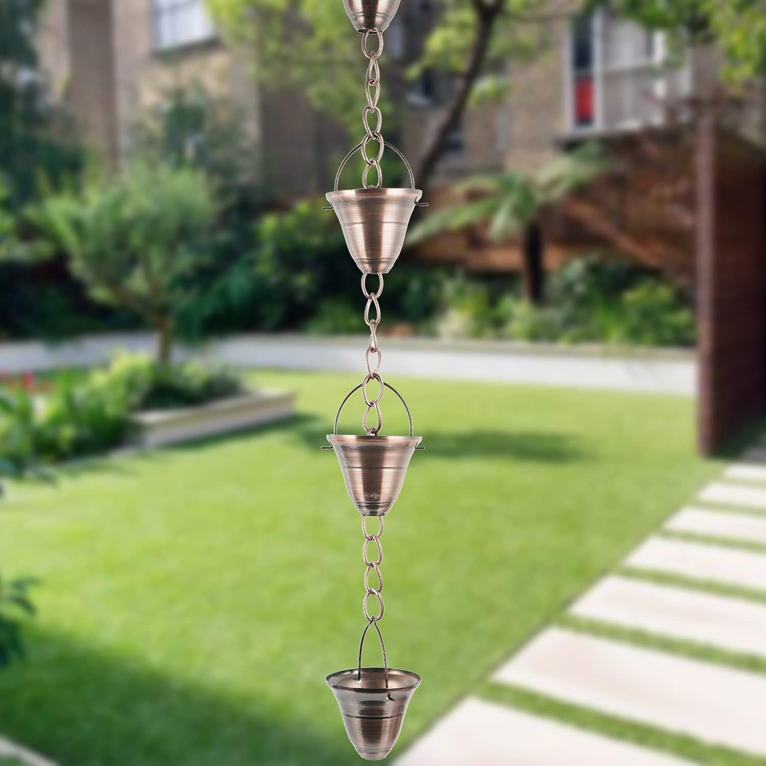 Classic Copper Rain Chain – 8.5 Feet Long with 10 Honeycomb-Shaped Cups, Garden and Outdoor Rainwater Collection System