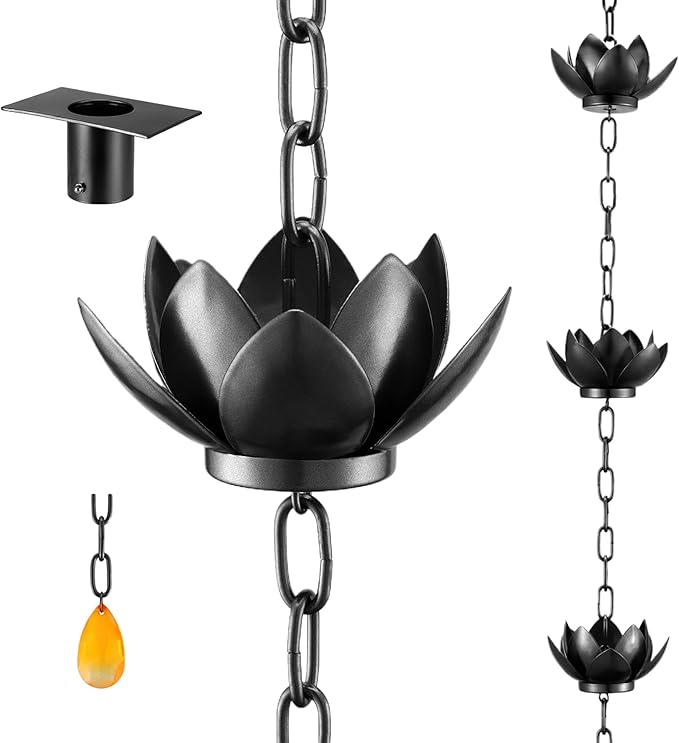 Black Lotus Rain Chain – 8.5 Feet Long with 12 Lotus Cups, Garden and Outdoor Decoration, Rainwater Collection System