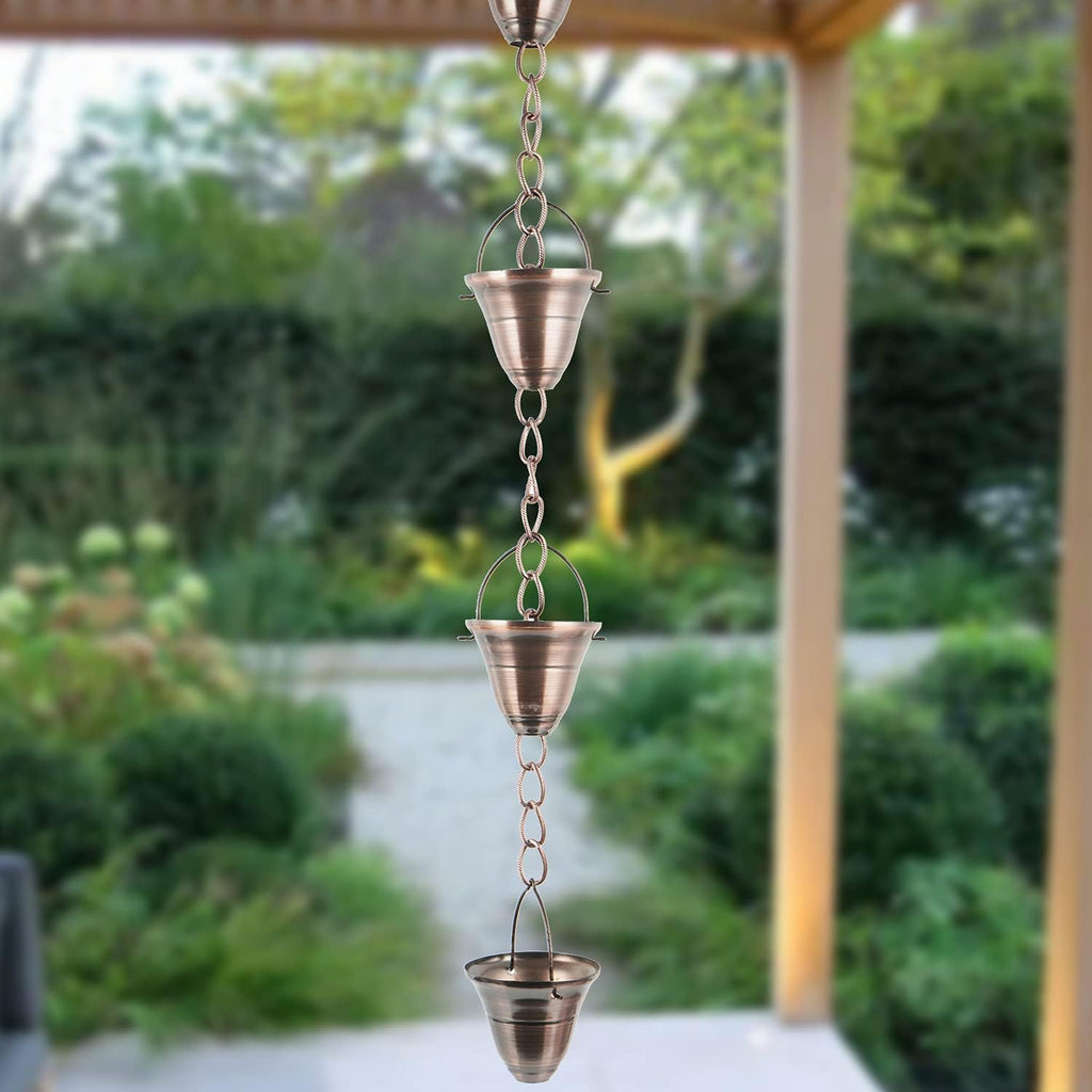 Classic Copper Rain Chain – 8.5 Feet Long with 10 Honeycomb-Shaped Cups, Garden and Outdoor Rainwater Collection System
