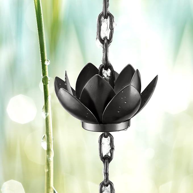 Black Lotus Rain Chain – 8.5 Feet Long with 12 Lotus Cups, Garden and Outdoor Decoration, Rainwater Collection System
