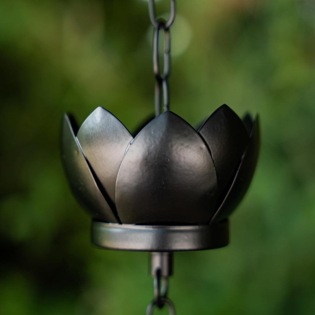 Modern Lotus Design Rain Chain - 5.92 Feet, 8 Cups, Black Metal, C-Hook, Easy Installation