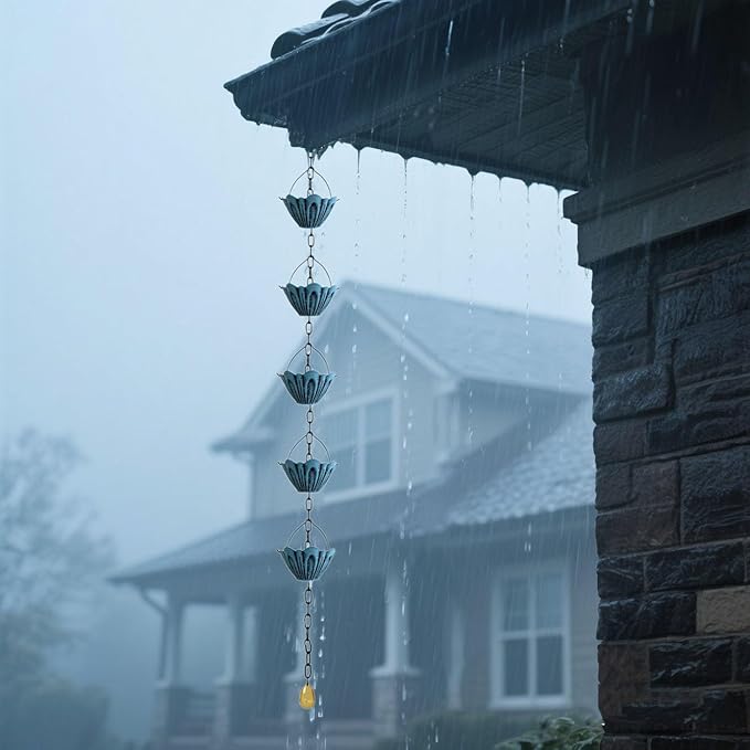 Classic Blue Petal Shaped Rain Chain – 10.5 Feet Long with 6 Cups, Copper Garden Decoration for Rainwater Collection