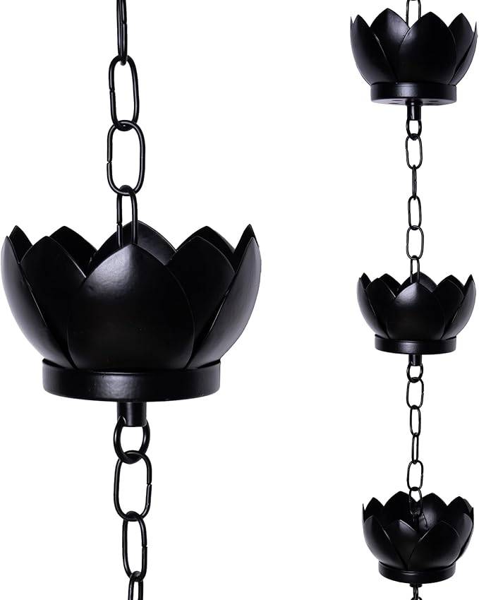 Modern Lotus Design Rain Chain - 5.92 Feet, 8 Cups, Black Metal, C-Hook, Easy Installation