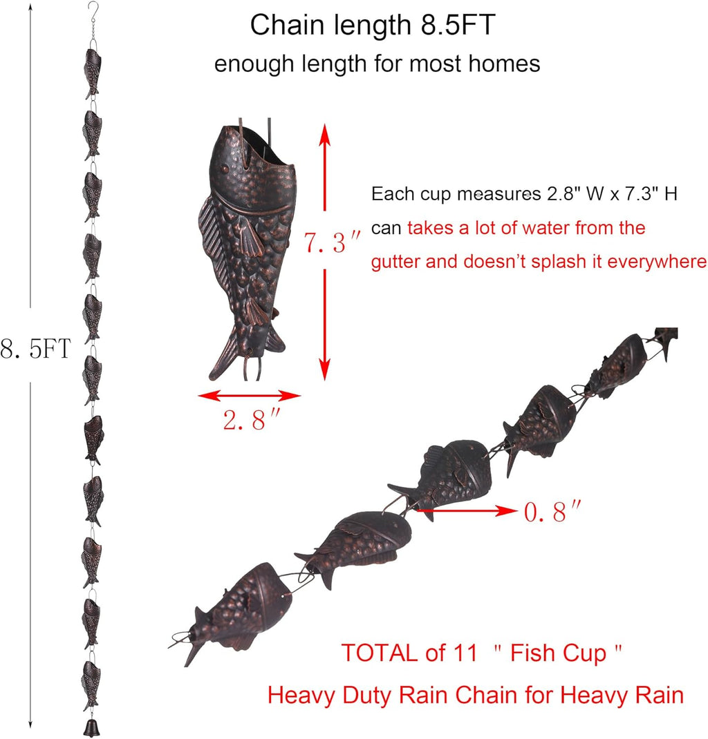 Classic Fish-Shaped Rain Chain – 8.5 Feet Long with 11 Fish Cups, Copper Garden Decoration for Rainwater Collection