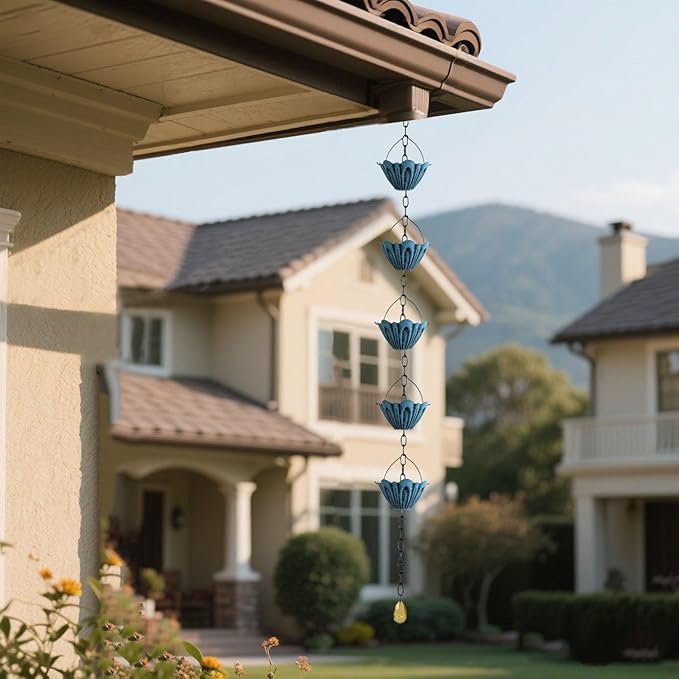 Classic Blue Petal Shaped Rain Chain – 10.5 Feet Long with 6 Cups, Copper Garden Decoration for Rainwater Collection