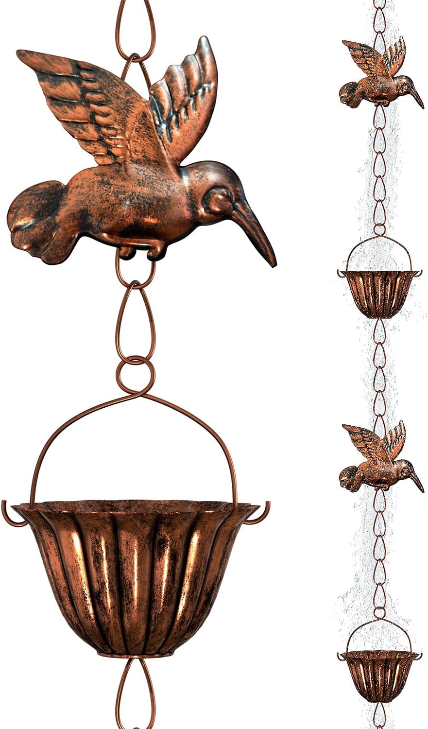 Hummingbird Decorative Copper Rain Chain – 8.8 Feet Long, Garden Water Collector with 6 Cups, Outdoor Decoration