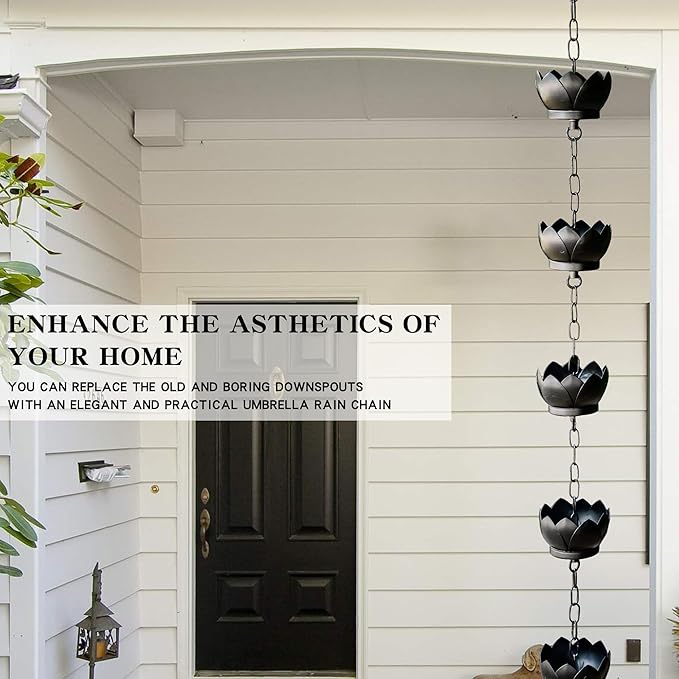 Modern Lotus Design Rain Chain - 5.92 Feet, 8 Cups, Black Metal, C-Hook, Easy Installation