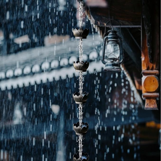 Modern Lotus Design Rain Chain - 5.92 Feet, 8 Cups, Black Metal, C-Hook, Easy Installation