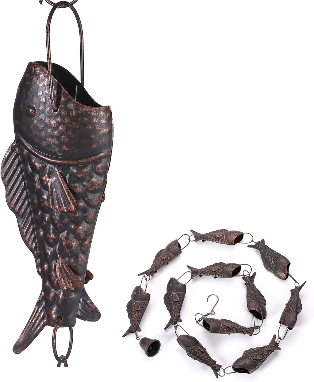 Classic Fish-Shaped Rain Chain – 8.5 Feet Long with 11 Fish Cups, Copper Garden Decoration for Rainwater Collection