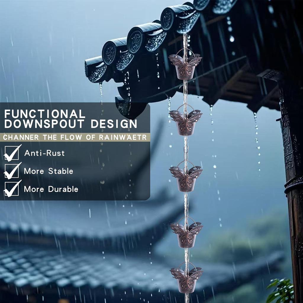 Exquisite Butterfly-Shaped Rain Chain - 8.5 Feet Long, Metal Butterfly Water Diverter Chain with Artistic Design for Outdoor Decoration
