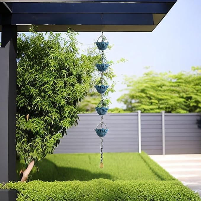 Classic Blue Petal Shaped Rain Chain – 10.5 Feet Long with 6 Cups, Copper Garden Decoration for Rainwater Collection