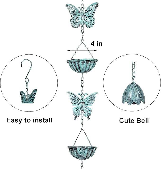 Butterfly-Themed Rain Chain - 8.5 Feet - Iron Garden Decorative Rainwater Draining System