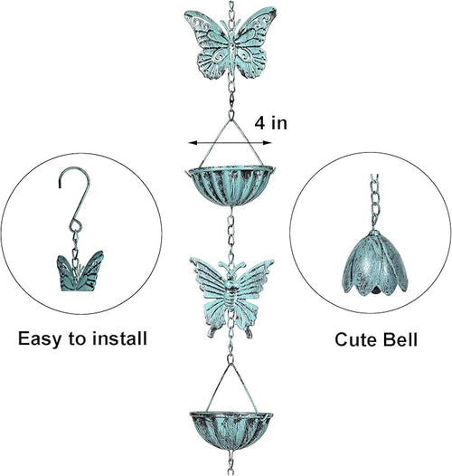 Butterfly-Themed Rain Chain - 8.5 Feet - Iron Garden Decorative Rainwater Draining System