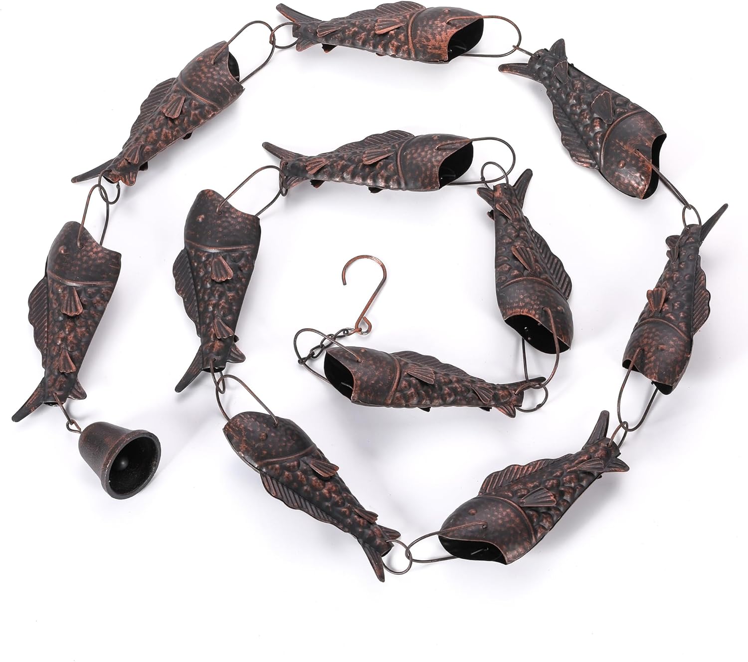 Classic Fish-Shaped Rain Chain – 8.5 Feet Long with 11 Fish Cups, Copper Garden Decoration for Rainwater Collection