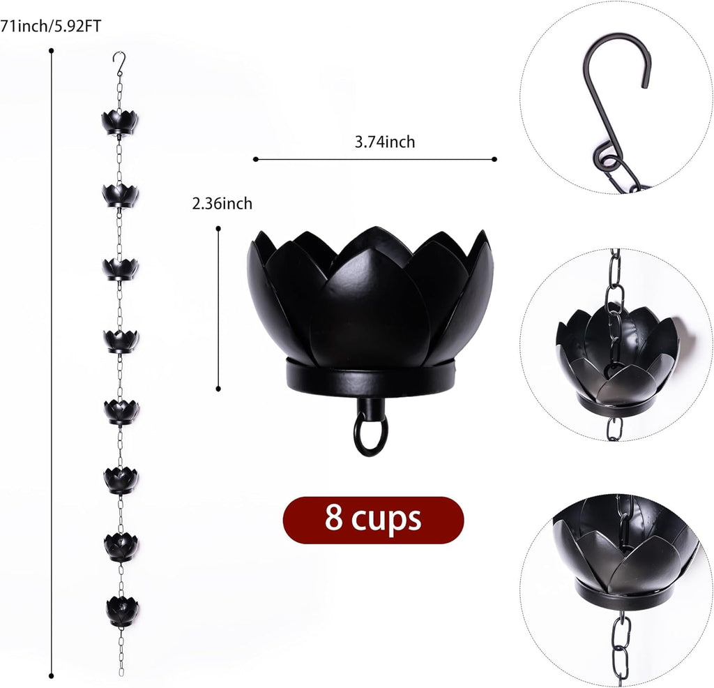 Modern Lotus Design Rain Chain - 5.92 Feet, 8 Cups, Black Metal, C-Hook, Easy Installation