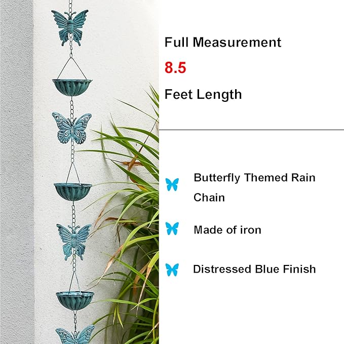 Butterfly-Themed Rain Chain - 8.5 Feet - Iron Garden Decorative Rainwater Draining System