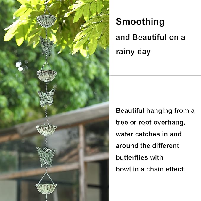 Butterfly-Themed Rain Chain - 8.5 Feet - Iron Garden Decorative Rainwater Draining System