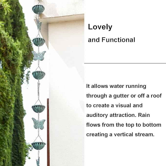 Butterfly-Themed Rain Chain - 8.5 Feet - Iron Garden Decorative Rainwater Draining System