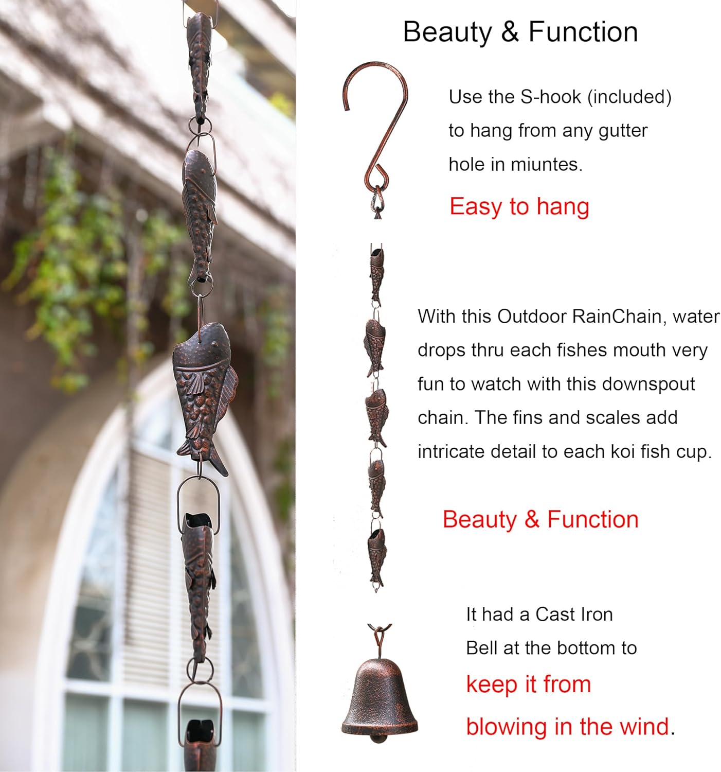 Classic Fish-Shaped Rain Chain – 8.5 Feet Long with 11 Fish Cups, Copper Garden Decoration for Rainwater Collection