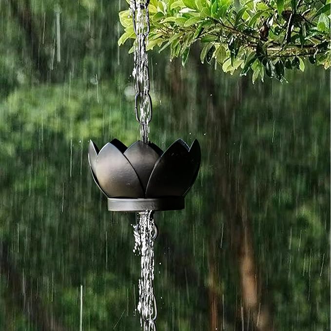 Modern Lotus Design Rain Chain - 5.92 Feet, 8 Cups, Black Metal, C-Hook, Easy Installation
