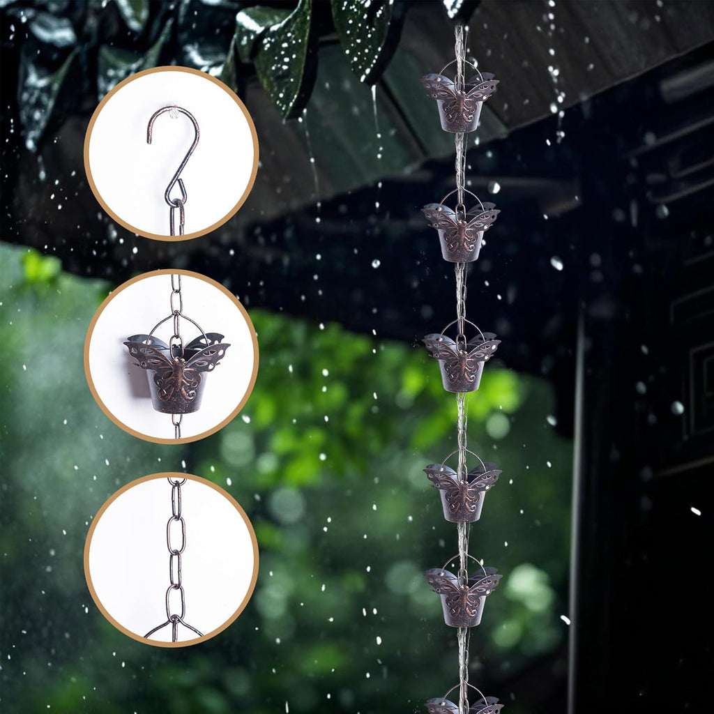 Exquisite Butterfly-Shaped Rain Chain - 8.5 Feet Long, Metal Butterfly Water Diverter Chain with Artistic Design for Outdoor Decoration