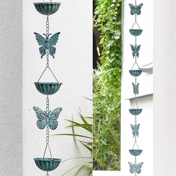 Butterfly-Themed Rain Chain - 8.5 Feet - Iron Garden Decorative Rainwater Draining System