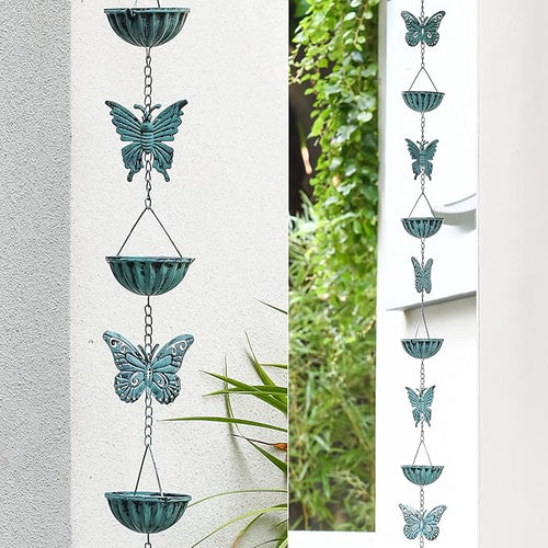 Butterfly-Themed Rain Chain - 8.5 Feet - Iron Garden Decorative Rainwater Draining System