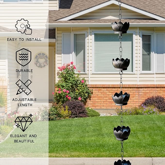 Modern Lotus Design Rain Chain - 5.92 Feet, 8 Cups, Black Metal, C-Hook, Easy Installation